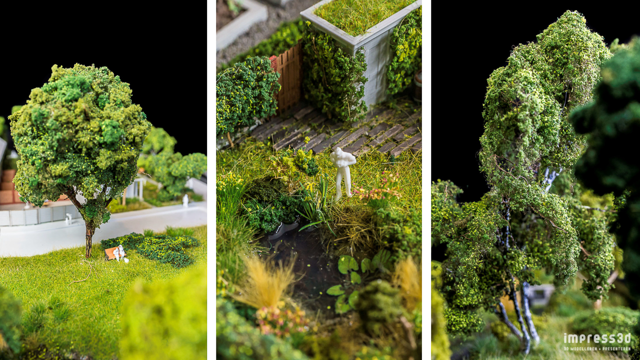 Diorama Duurzame wijk, details bomen en water